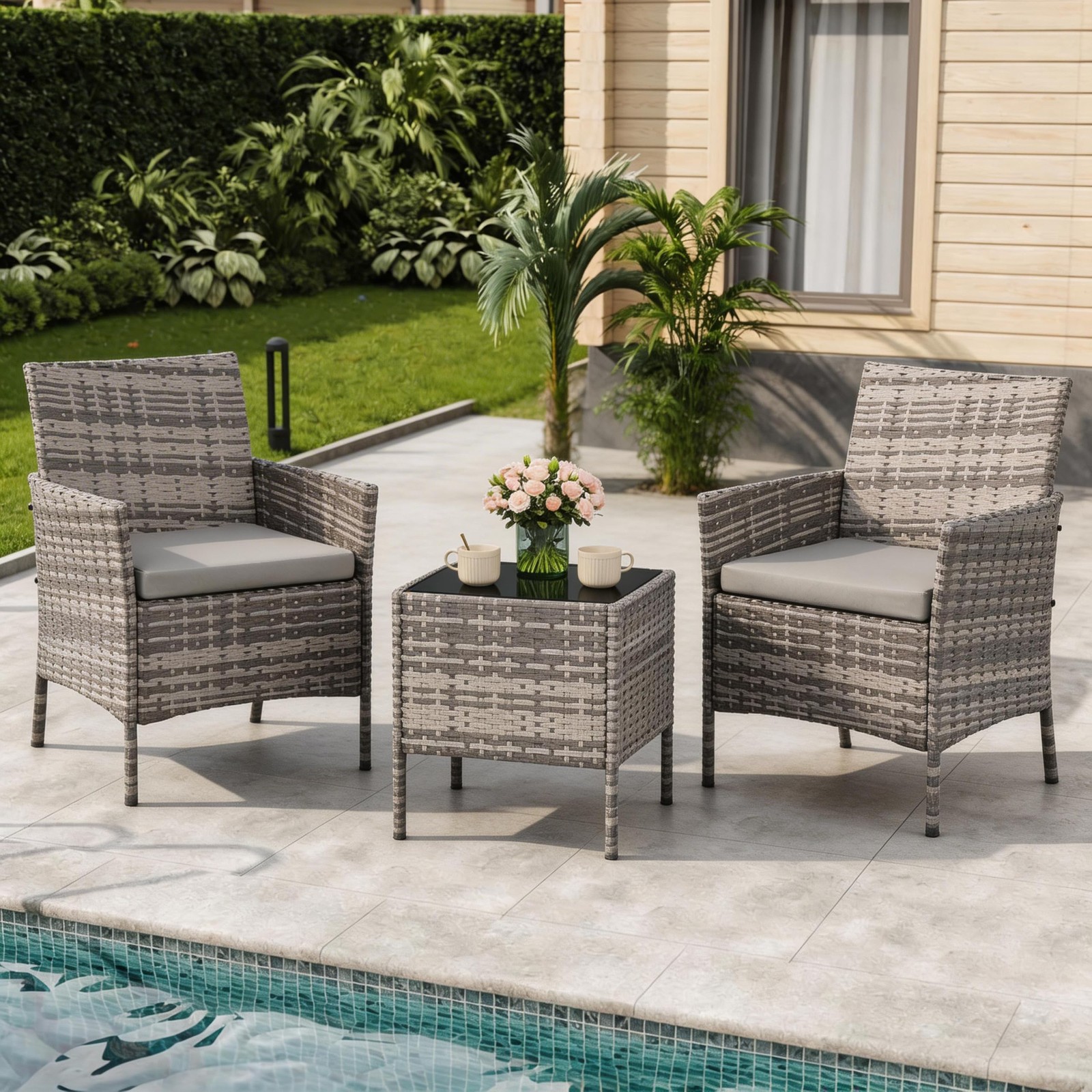 3-Piece Outdoor Furniture Set, PE Rattan Wicker Chairs with Soft Cushions & T…