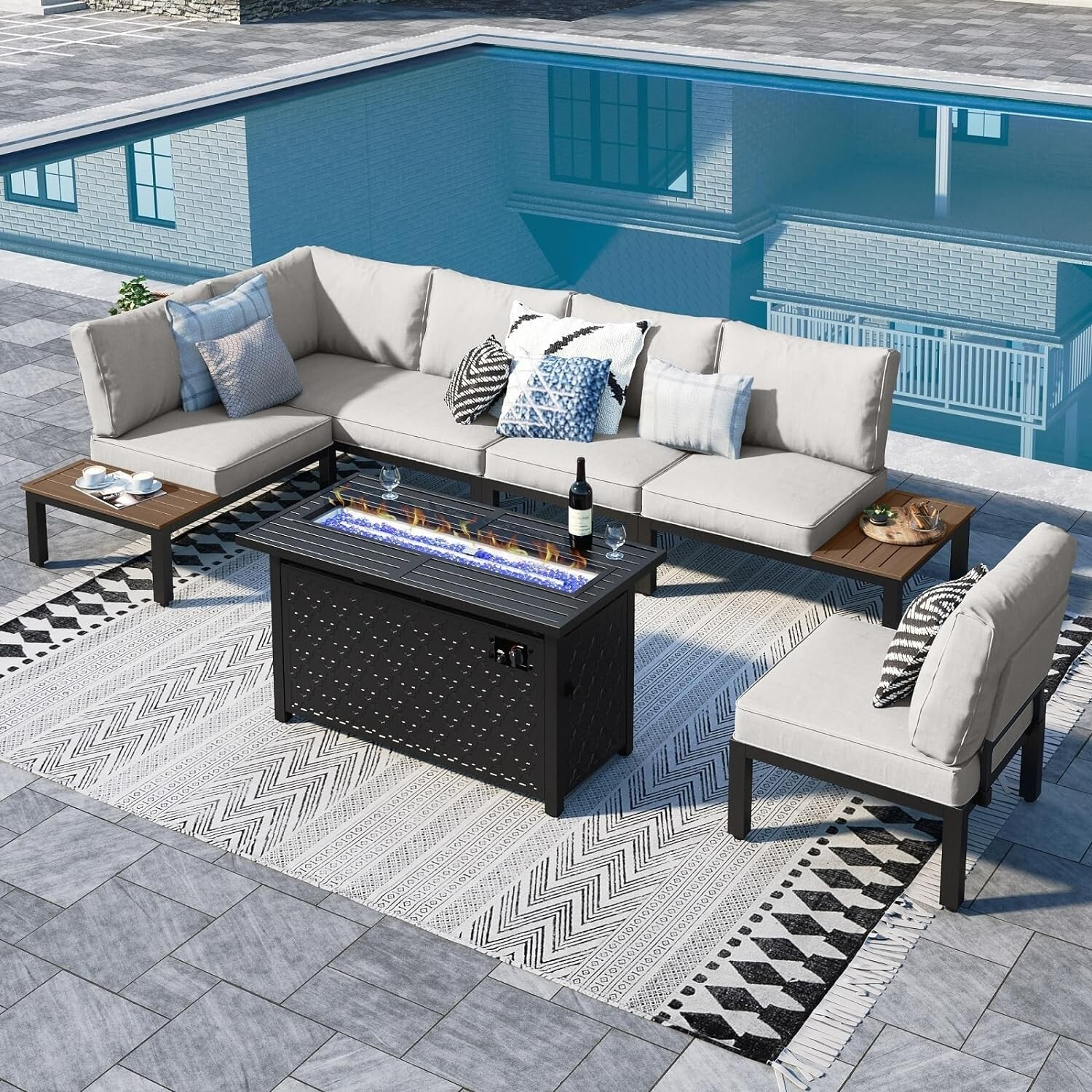 6 Pieces Outdoor Patio Furniture Set w/ 45″ Fire Pit Table, Metal Sectional Sofa