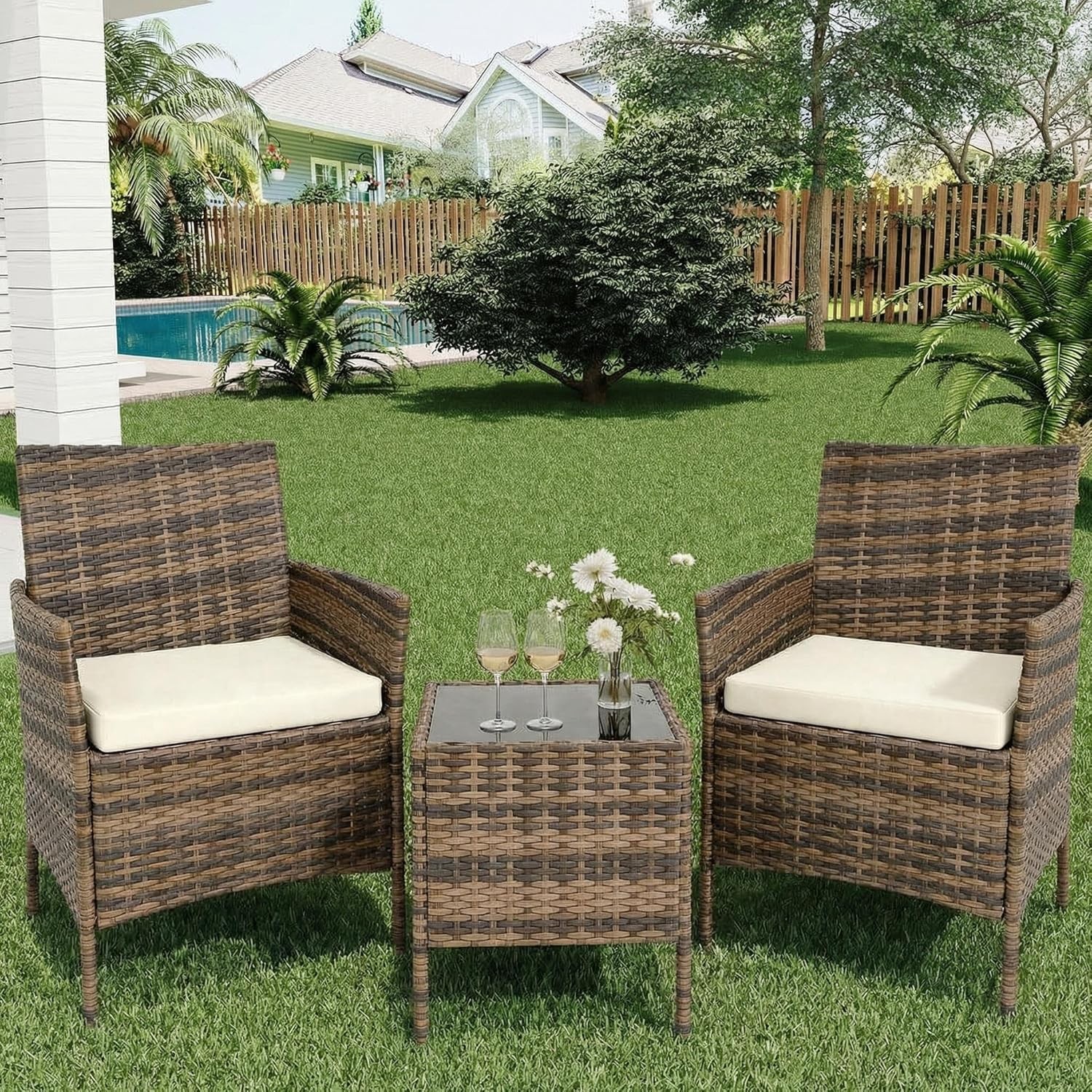 Set of 3 Outdoor Patio Furniture Set Rattan Cushioned Sofa Coffee Table Deck Set