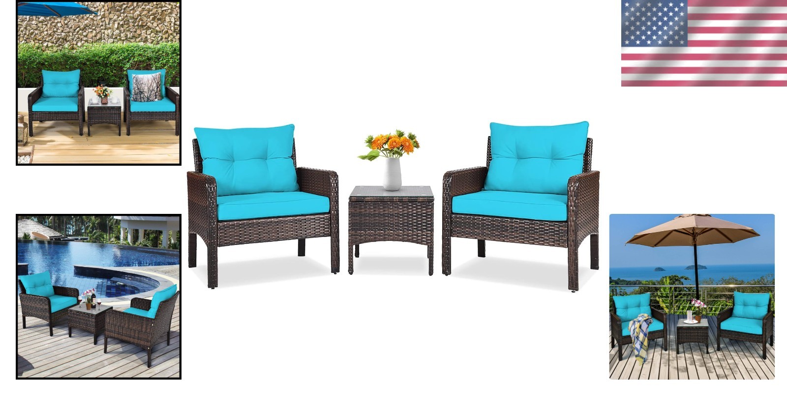 Modern 3 Piece Wicker Chairs Set, Turquoise