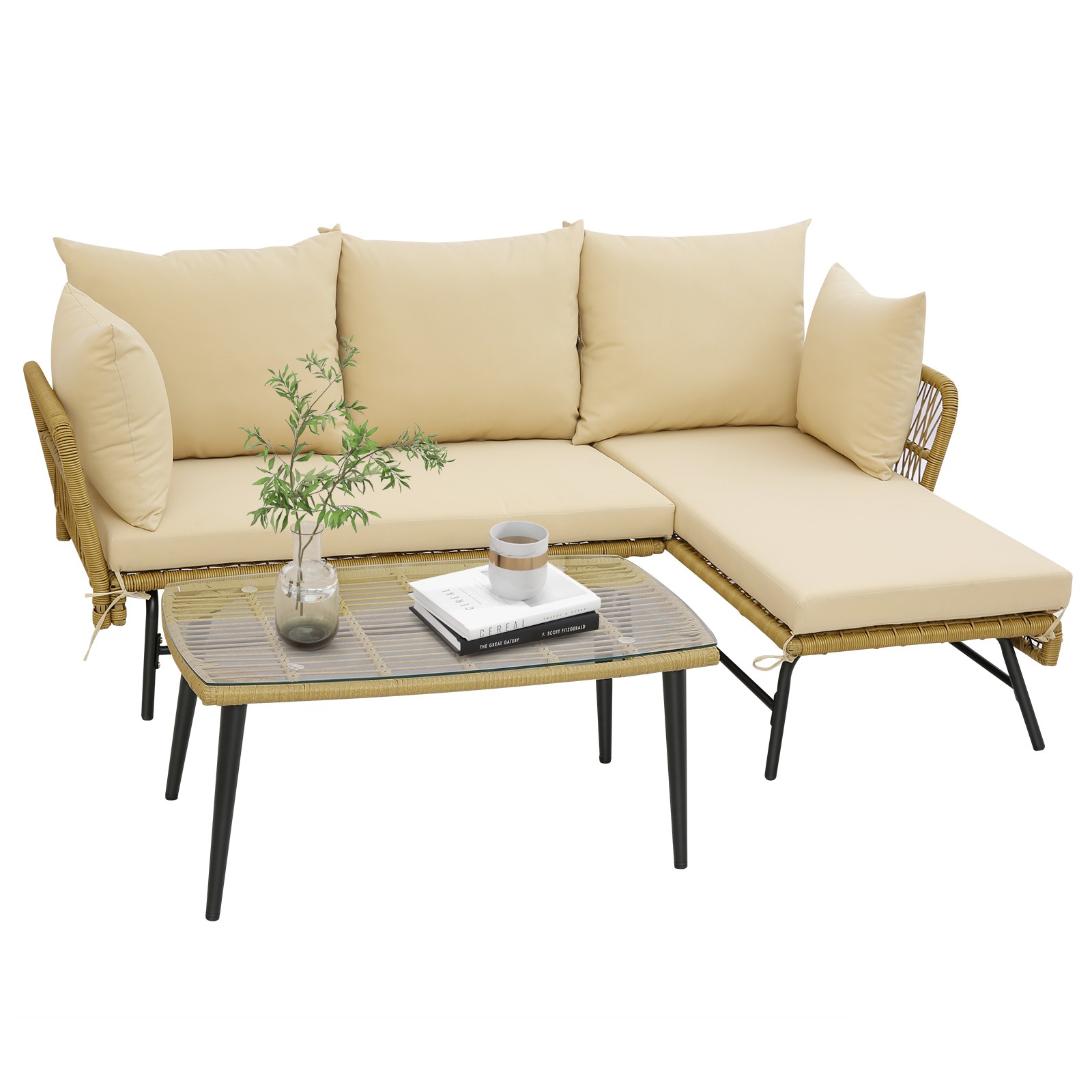 3 PCS L-Shaped Patio Sofa Set Conversation Furniture with Cushions Deck Garden