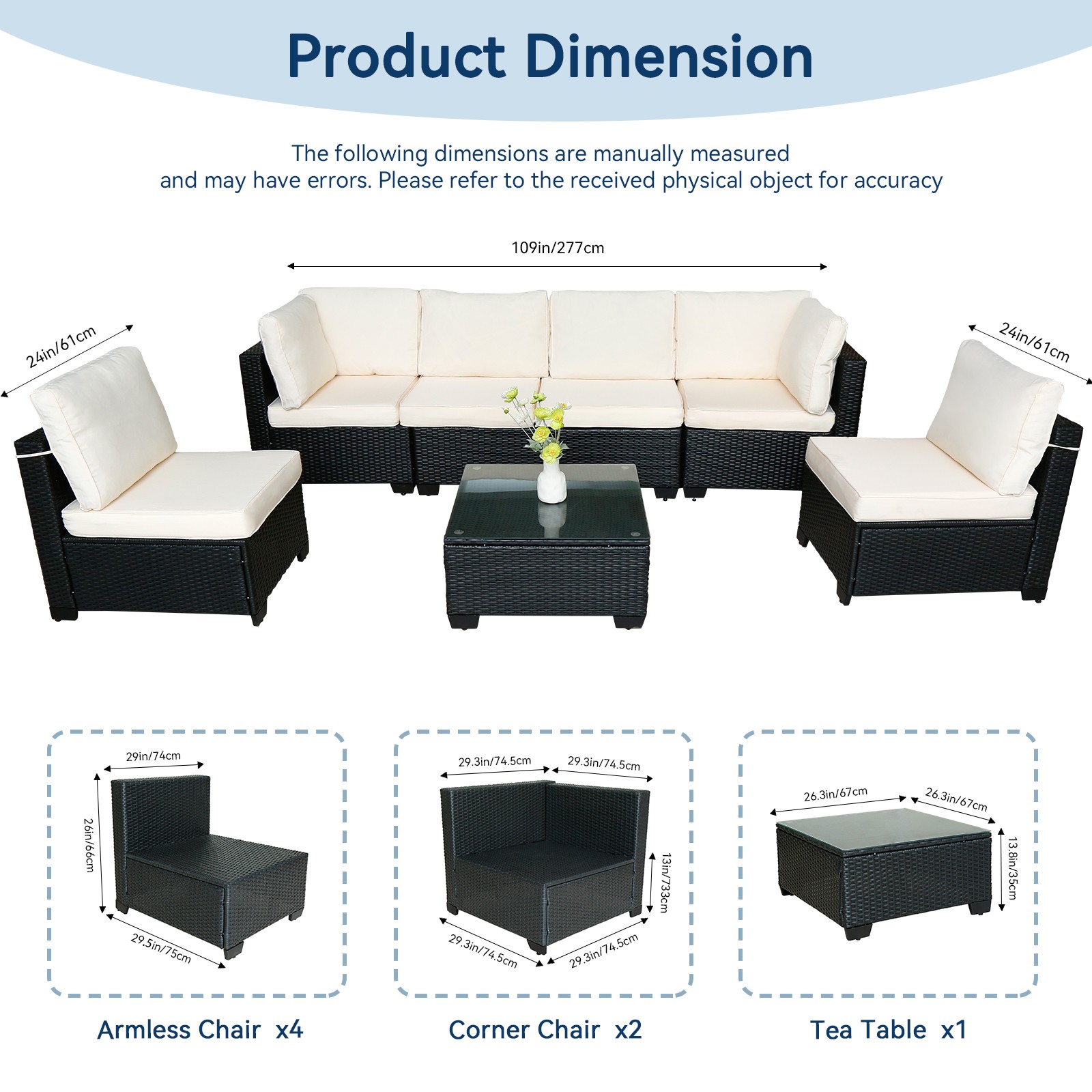 Sofa Set Table With Sofa Chair Black PE Rattan Indoor Or Outdoor 7 Piece Set
