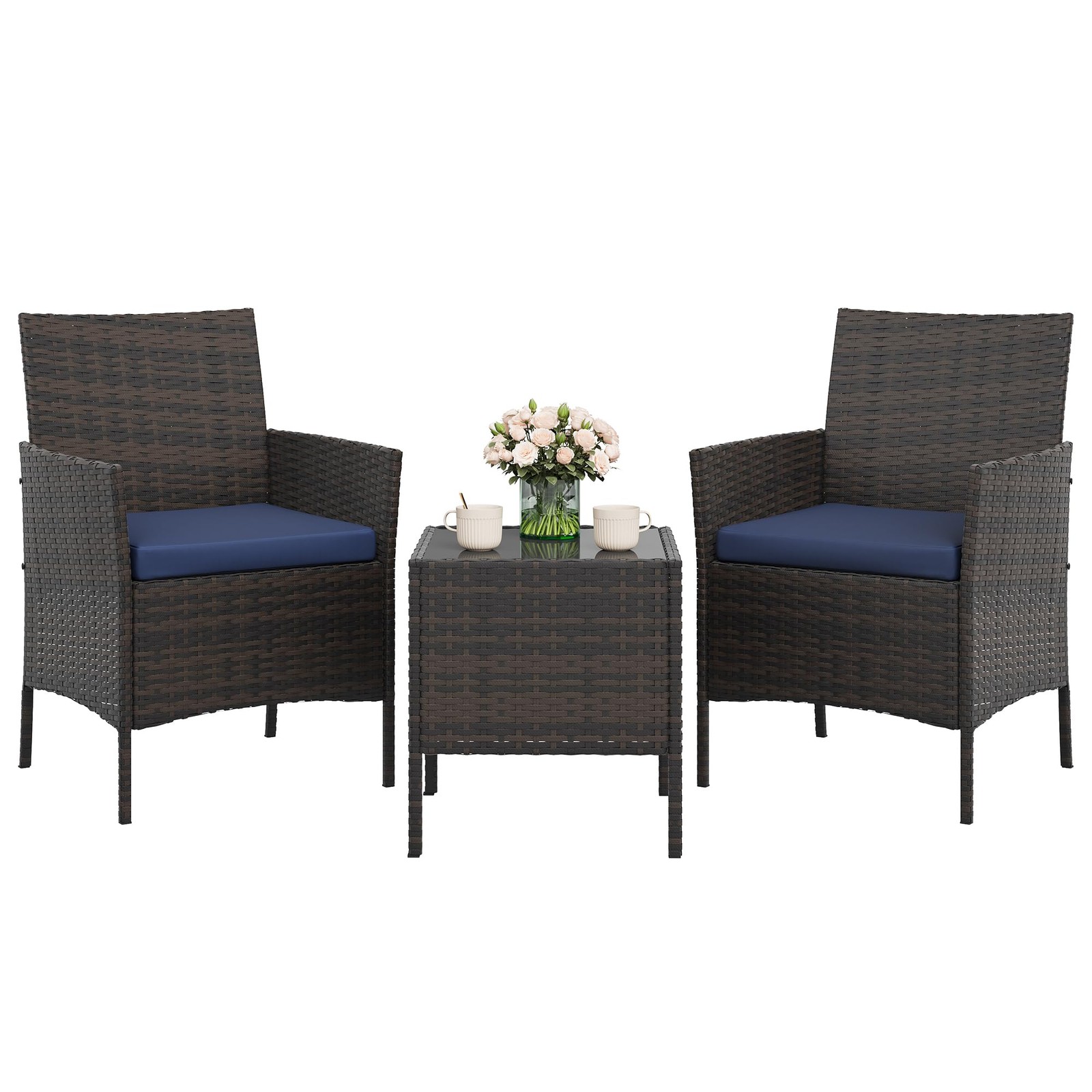 3 Piece Patio Furniture Set, Outdoor Wicker Conversation Set with Soft Cushions
