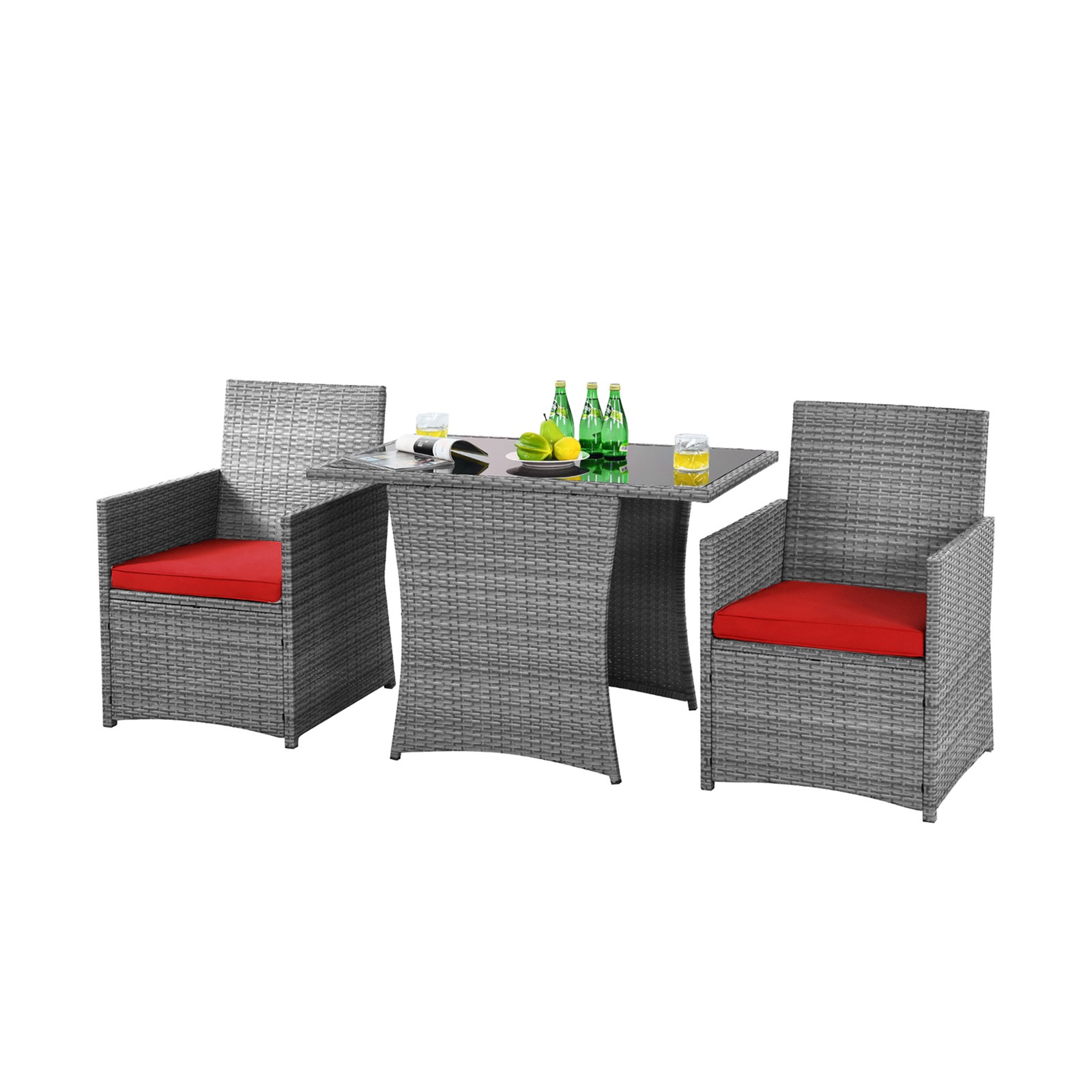 3PCS Outdoor Rattan Conversation Set Patio Dining Table Set w/ Red Cushions