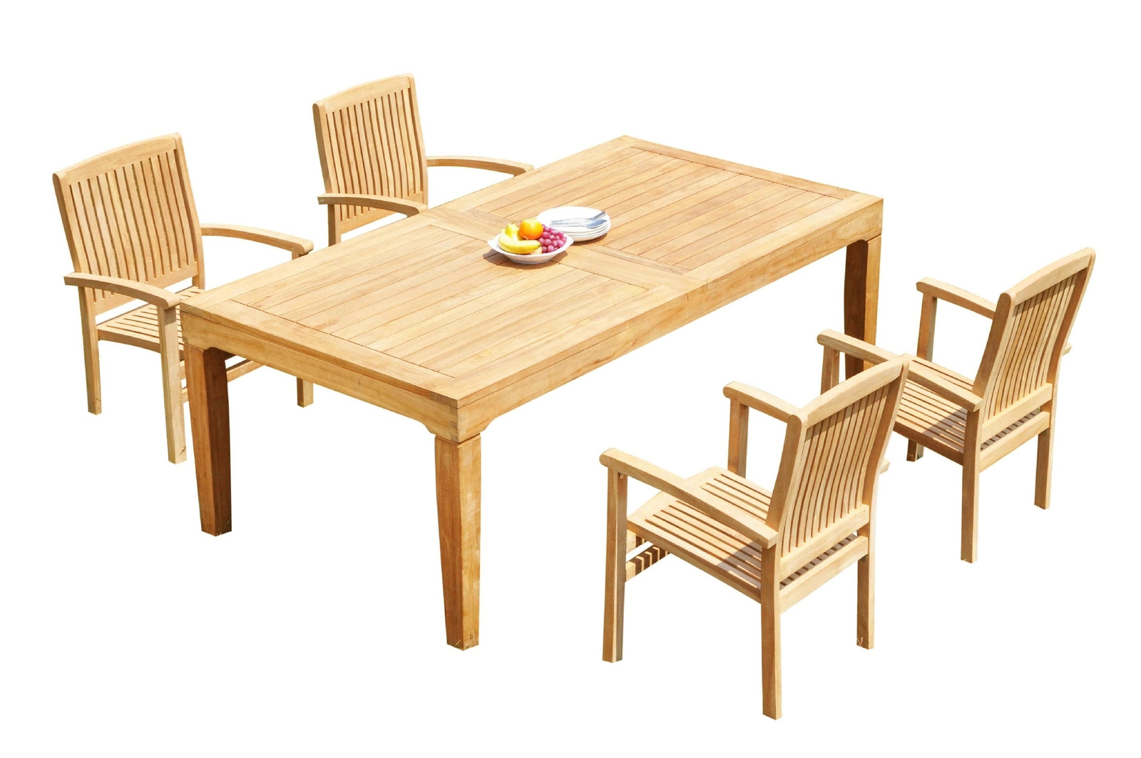 A-Grade Teak 5pc Dining 122 Caranas Rectangle Table Wave Stacking Arm Chairs Set