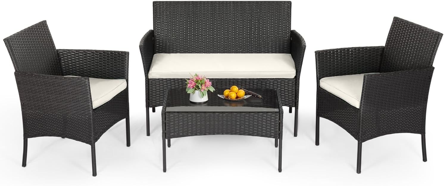 4-Piece Patio Furniture Set | Black | Outdoor Wicker Furniture with Coffee Table