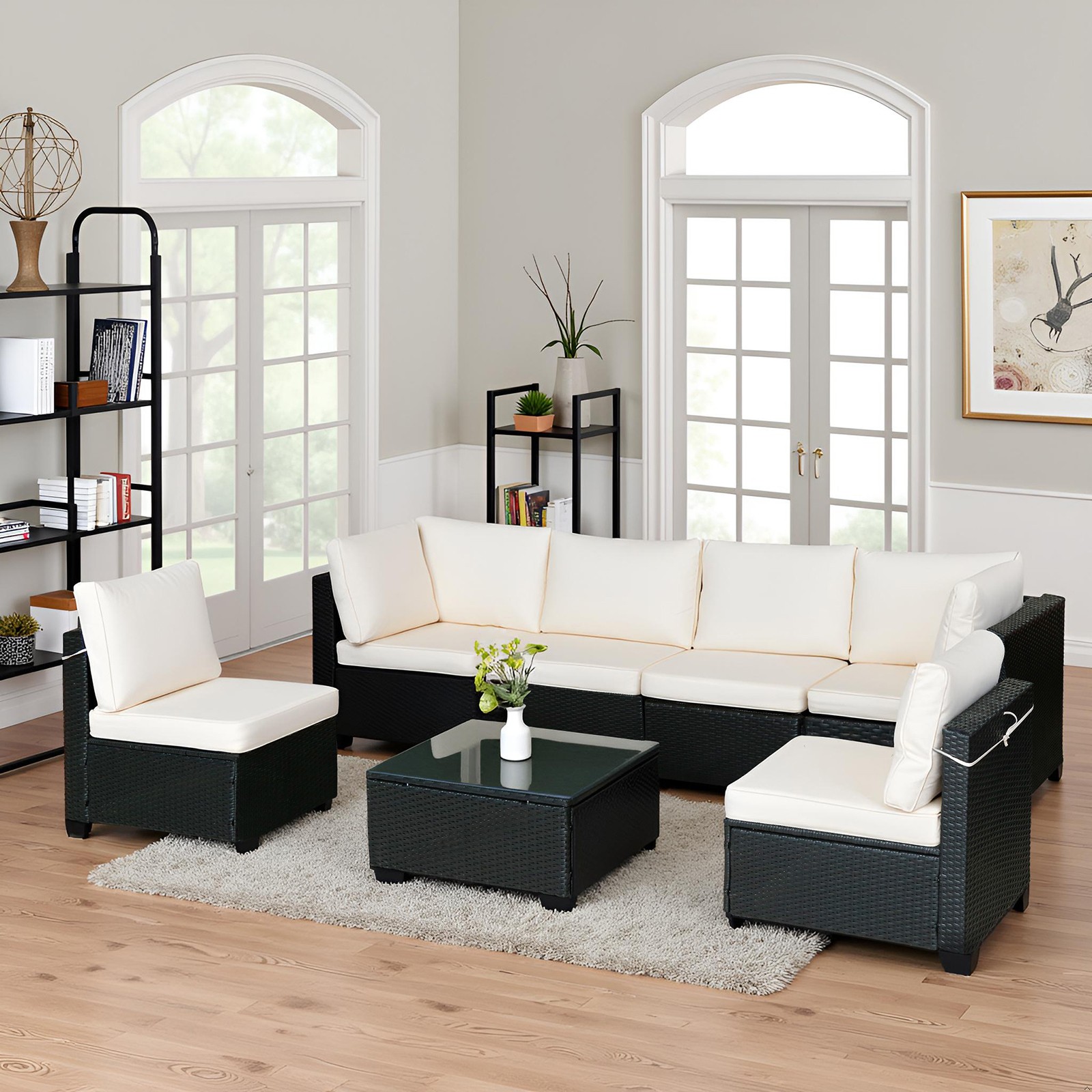Sofa Set Table With Sofa Chair Black PE Rattan Indoor Or Outdoor 7 Piece Set