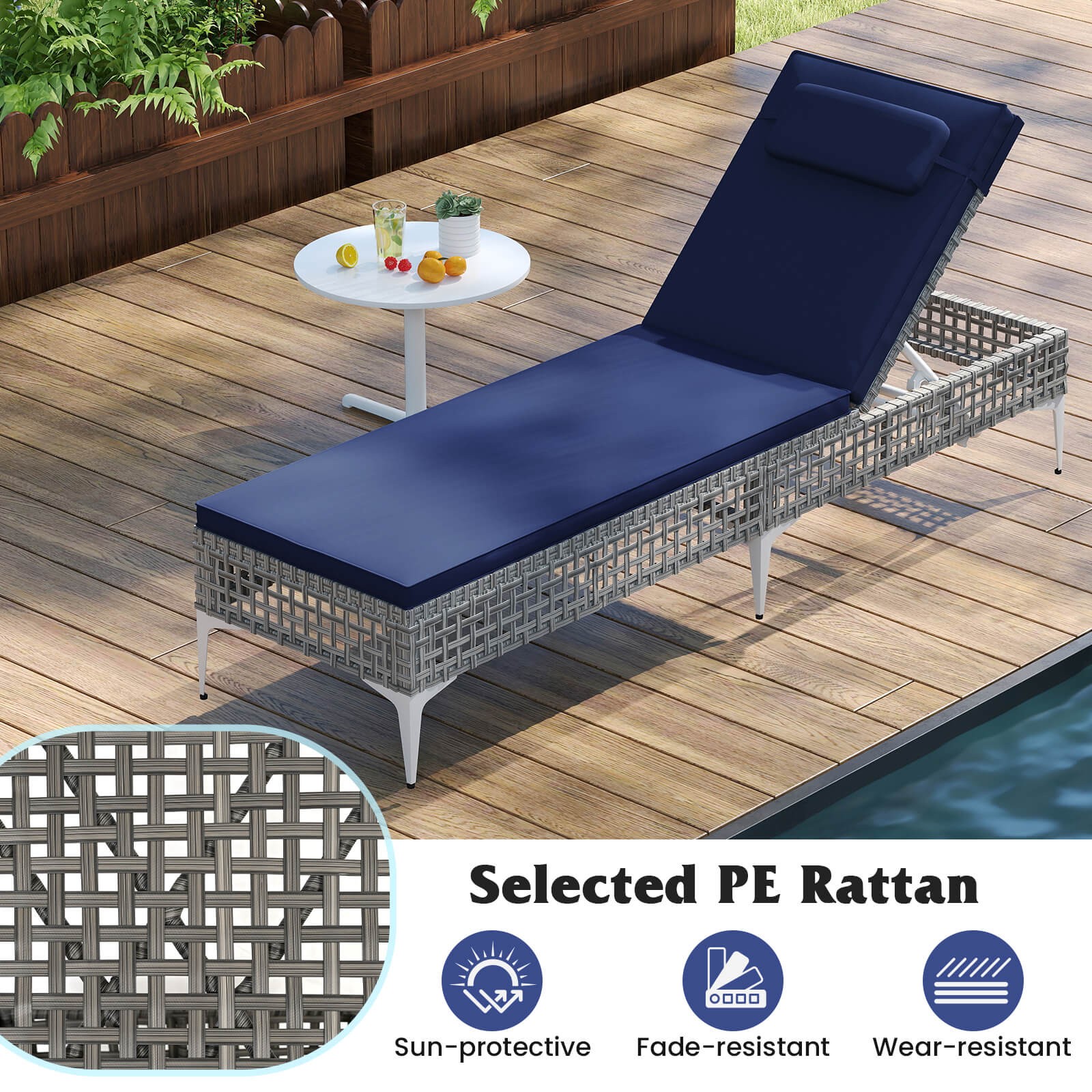2PCS Patio Chaise Lounge Chair w/6-Level Adjustable Backrest Removable Cushion