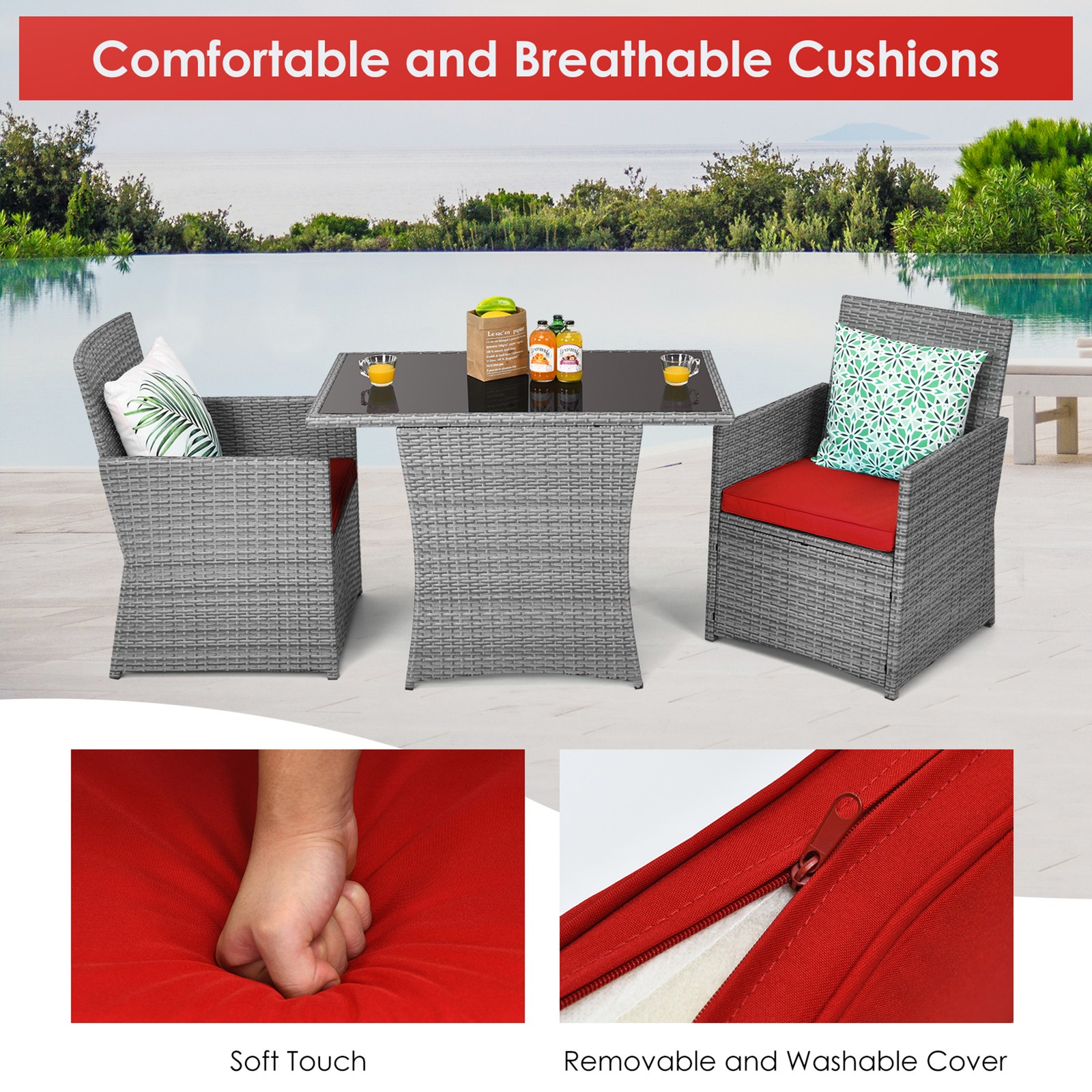 3PCS Outdoor Rattan Conversation Set Patio Dining Table Set w/ Red Cushions