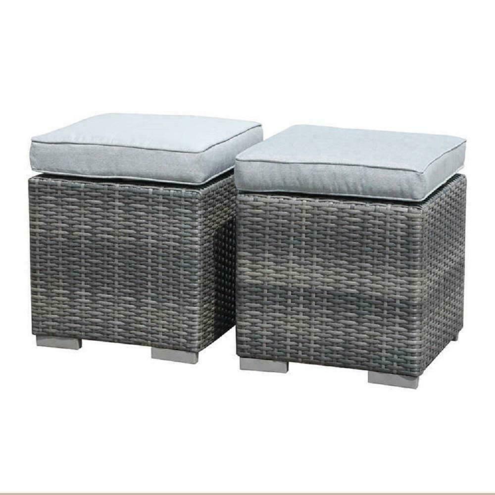 2-Piece Wicker For The PRICE OF ONE Outdoor Patio Ottomans With Gray Cushions