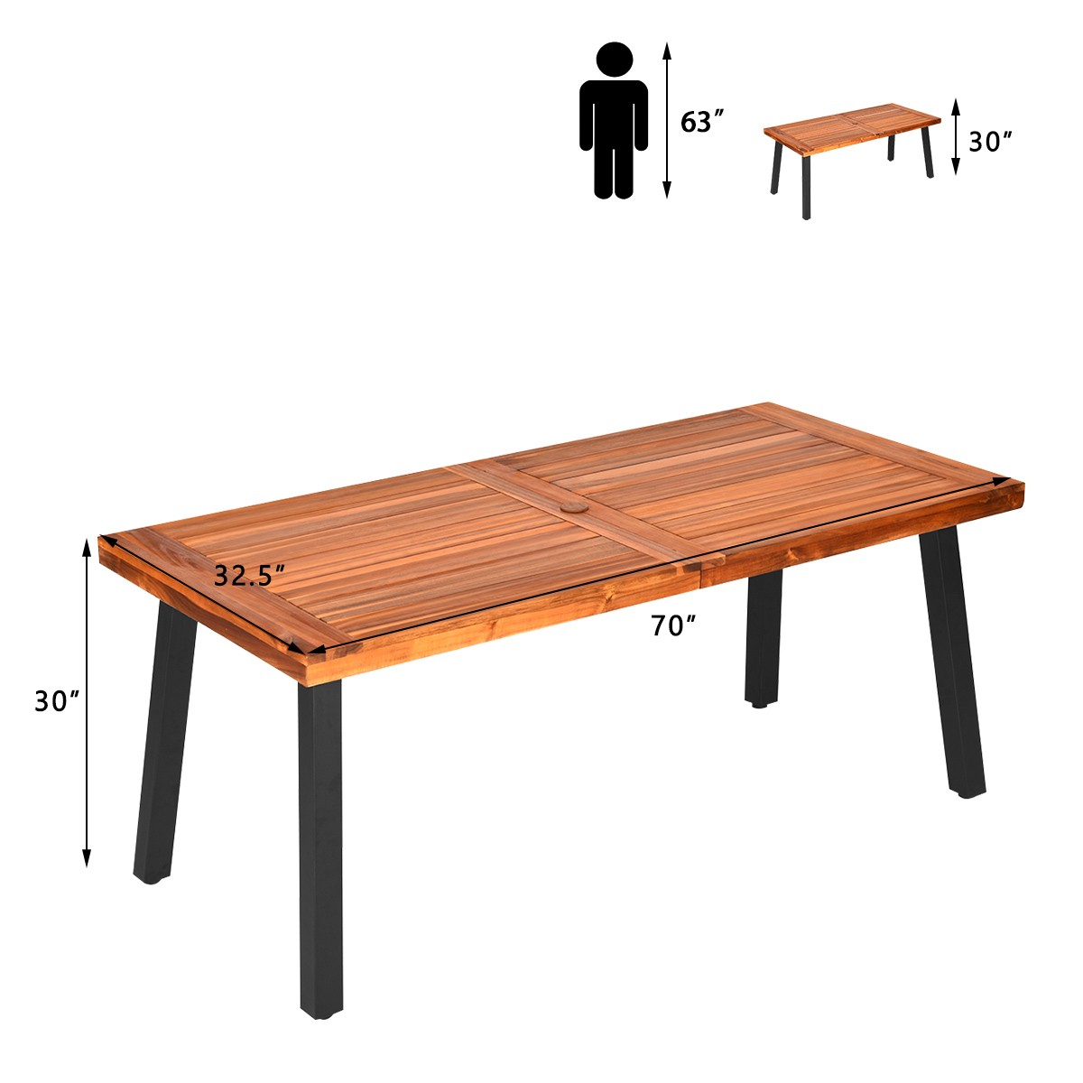 6-Person Picnic Dining Table Finish Acacia Table Patio w/Metal Leg Umbrella Hole
