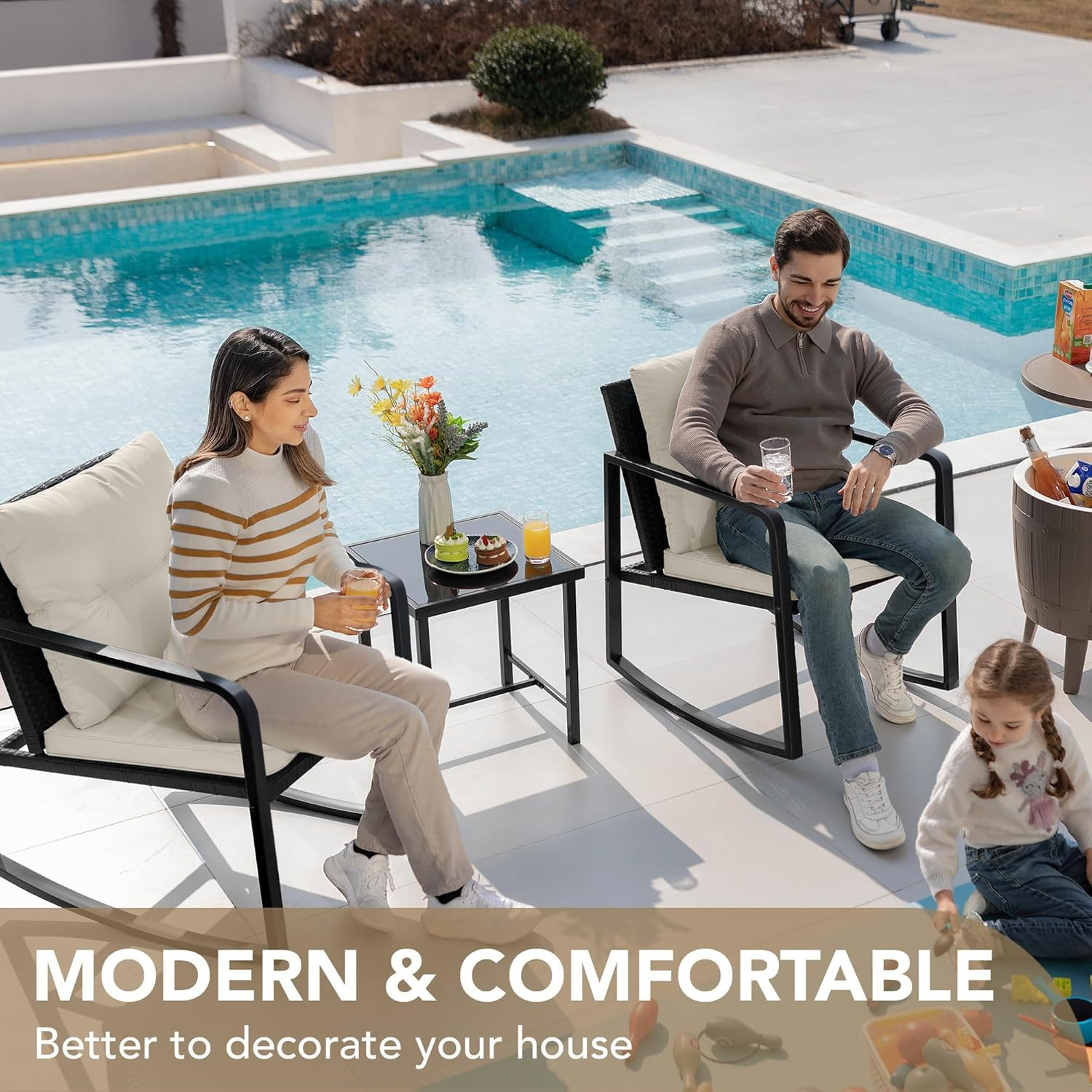 3 Piece Rocking Bistro Set Wicker Patio Outdoor Furniture Porch Chairs Conversat