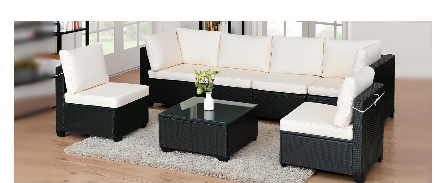 Sofa Set Table With Sofa Chair Black PE Rattan Indoor Or Outdoor 7 Piece Set