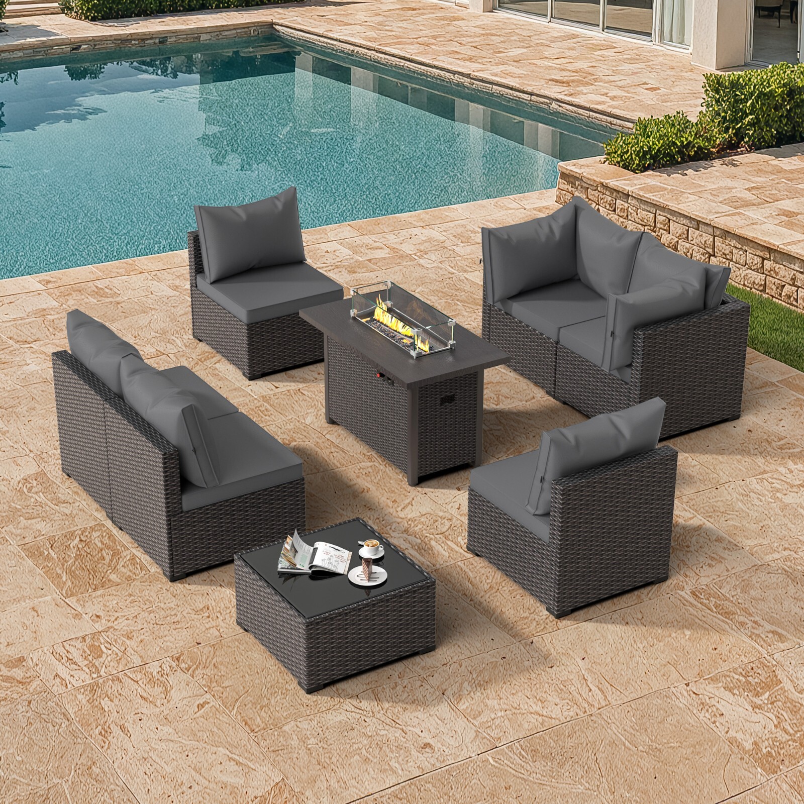 Gray Outdoor 8 Pieces Patio Furniture Set with Propane Fire Pit Table And Sofa