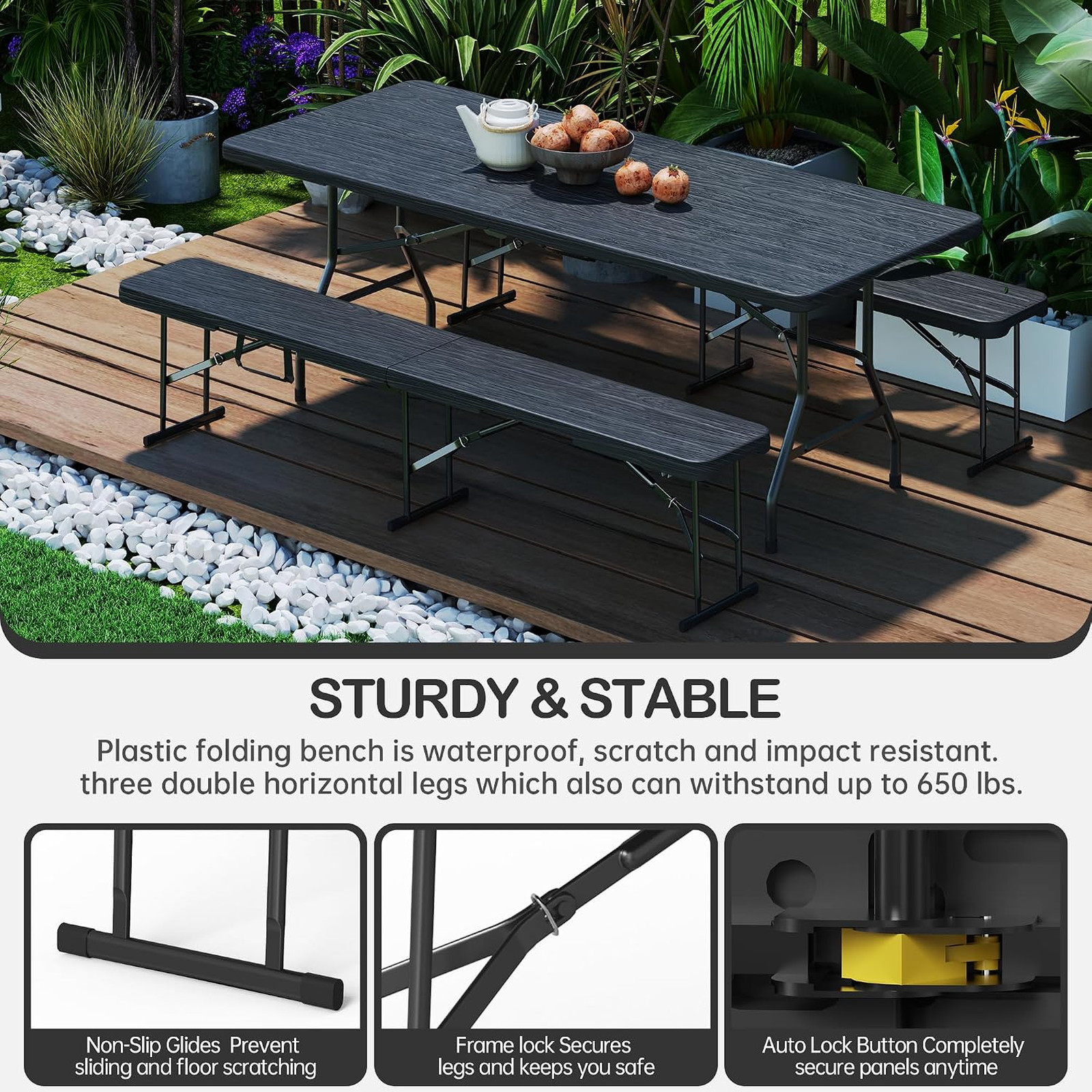 Folding Bench 6 Foot Portable Plastic Seat for Camping Picnic Outdoor Indoor