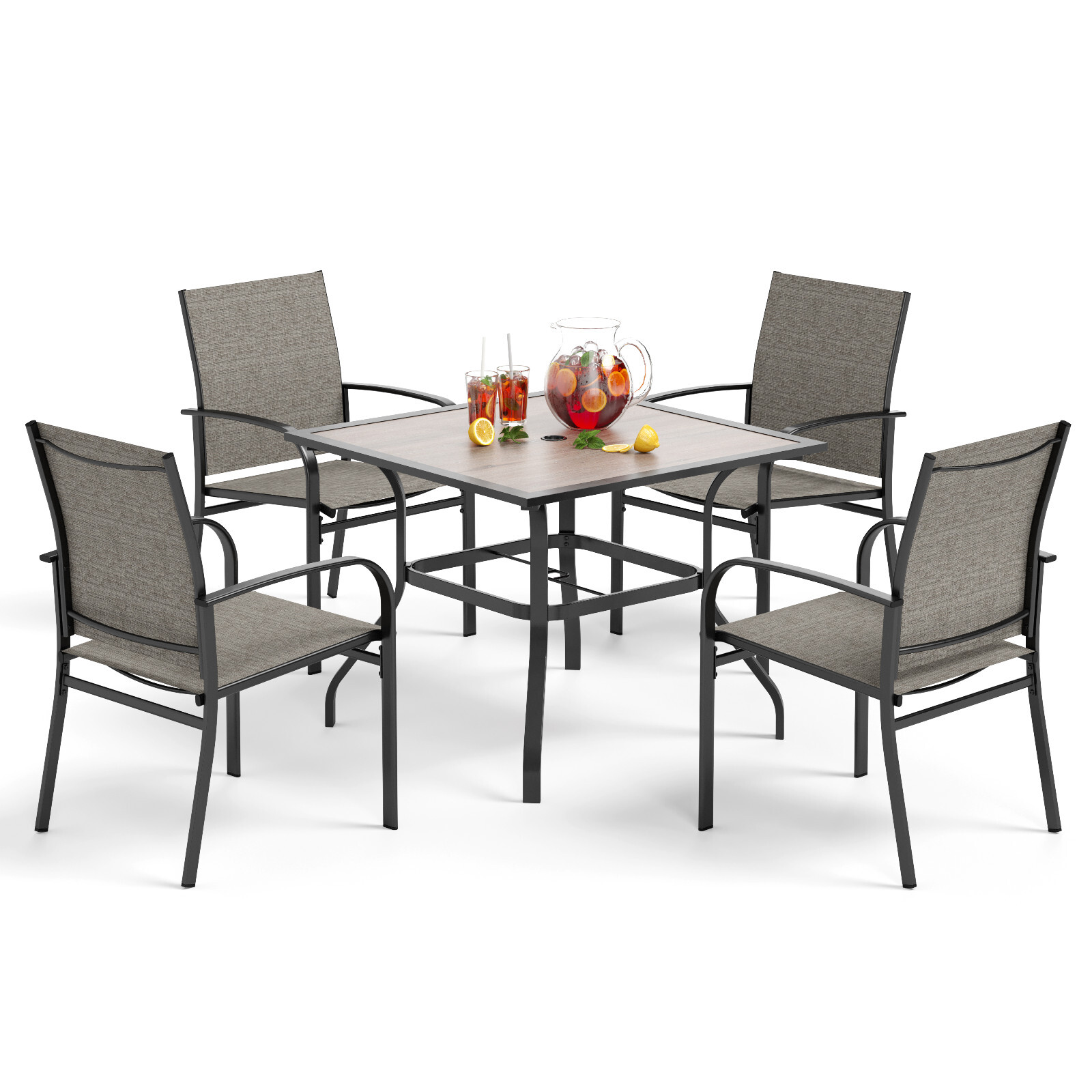 5 Piece Patio Dining Set Outdoor Table Chairs Set Metal Table with Umbrella Hole