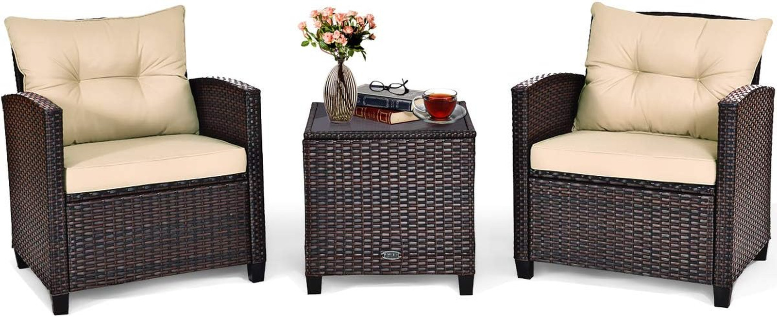 3-Piece Outdoor Patio Furniture Set with Washable Cushions and Glass Tabletop