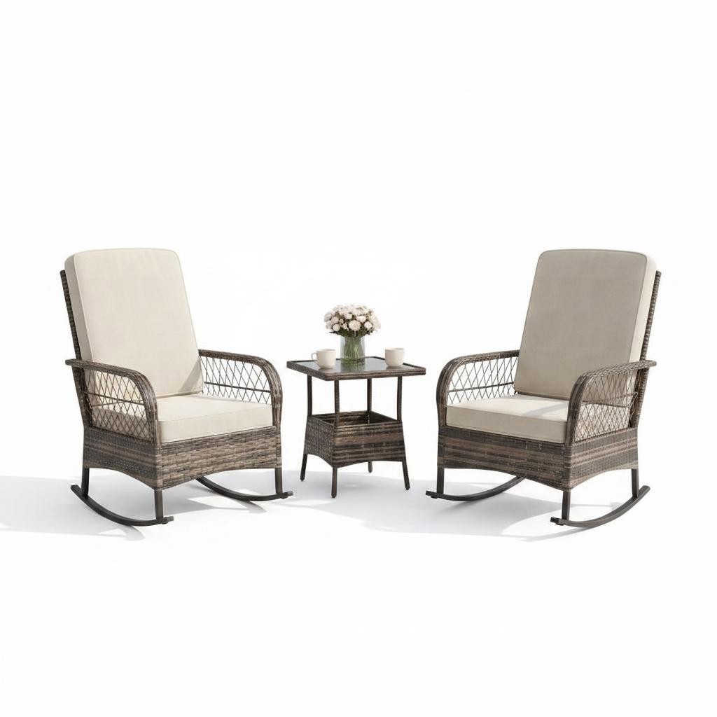 Wicker Construction Makes Up The 3 pcs Outdoor Rocking Bistro Set, Rocker Chairs