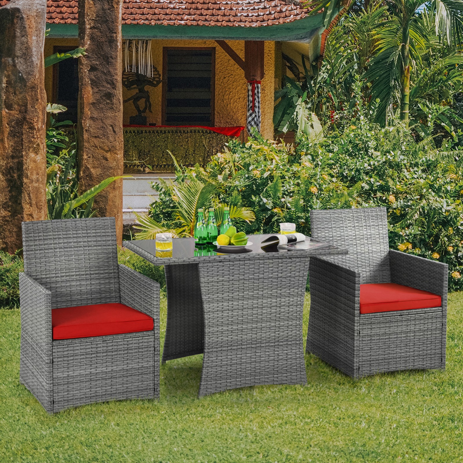 3PCS Outdoor Rattan Conversation Set Patio Dining Table Set w/ Red Cushions