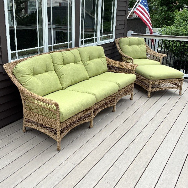 Brown Jordan Wicker Patio Sofa Set Tan w/ Green Cushions Sofa Chair Ottoman