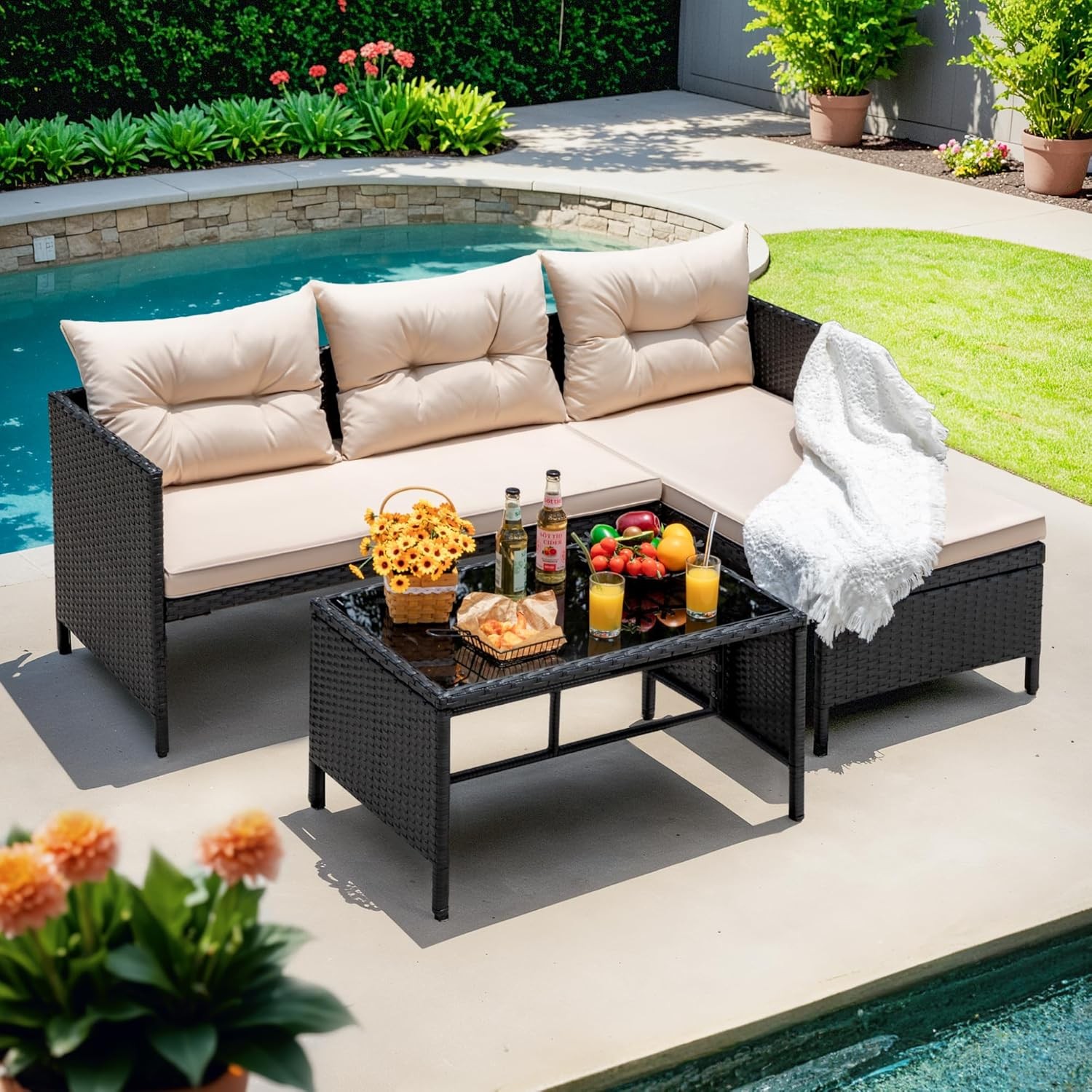 Devoko 3 Piece Rattan Outdoor Sectional Sofa with Glass Table Beige