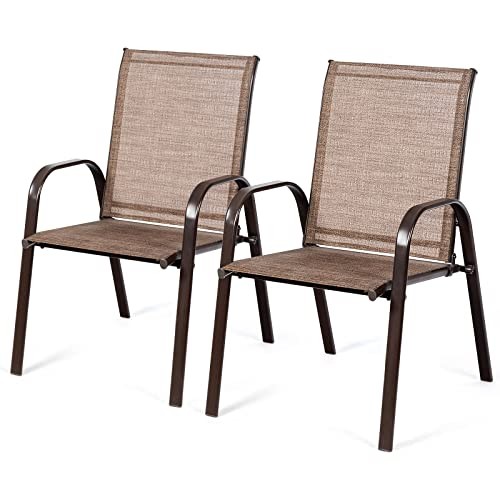 2 Piece Patio Dining Chairs, Outdoor Bistro Chairs W/Curved Armrests, Brown