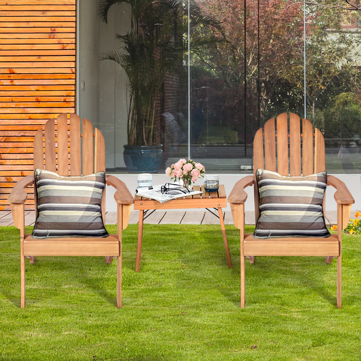 3 PCS Patio Adirondack Chair Set w/Side Table Outdoor Furniture Poolside Natural