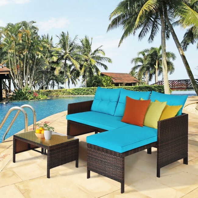 3PCS Outdoor Rattan Furniture Set Patio Couch Sofa Set with Turquoise Cushion