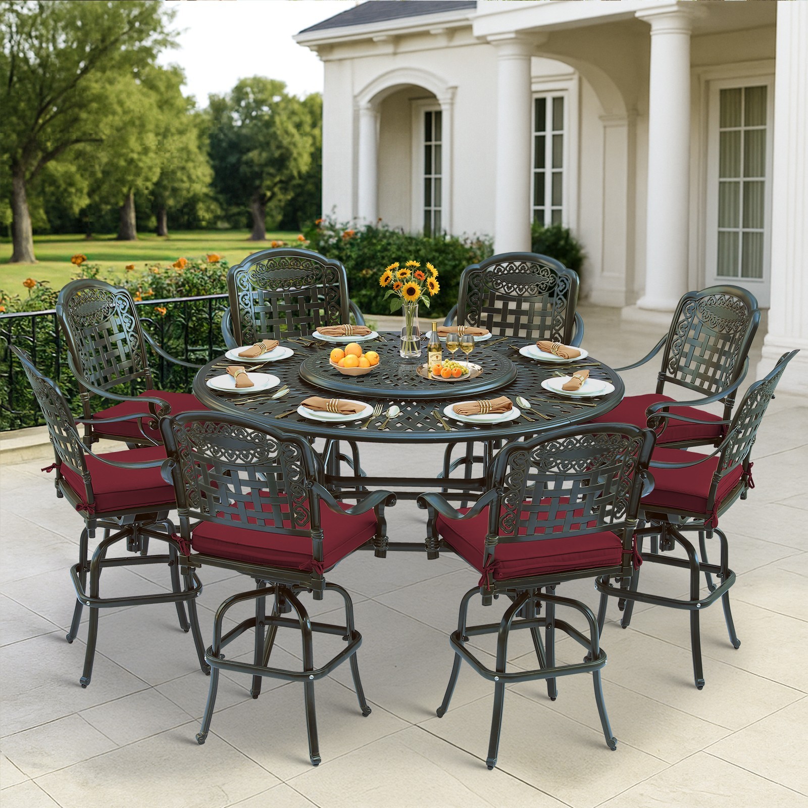 10 PCS Bar Dining Set Cast Aluminum Patio Swivel Bar Stools & Table w/Lazy Susan