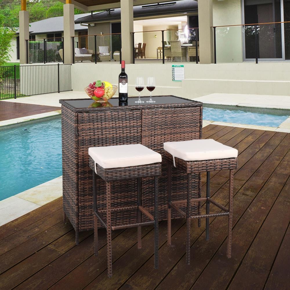 3 Pieces Patio Bar Set Patio for Outdoor Rattan Wicker Dinning Table, Stools