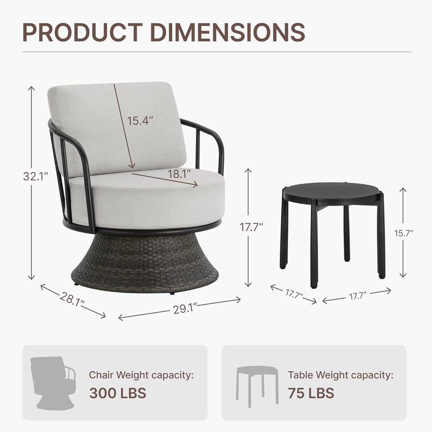 3 PCS Patio Furniture Set,Outdoor Swivel Chairs Set of 2 w/Side Table,Wicker Pat