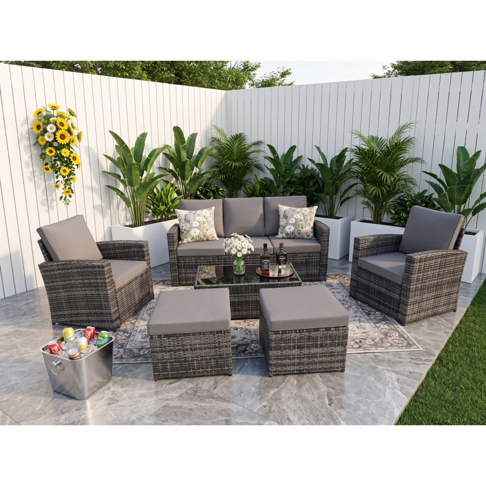 6 Piece Patio Conversation Set Loveseat Outdoor Furniture w/Coffee Table Cushion