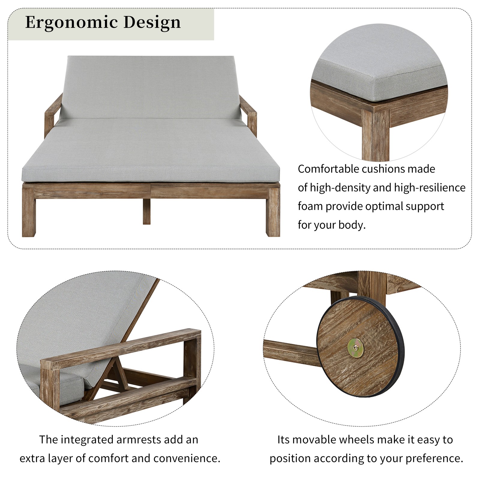 Farmhouse Wooden Outdoor Sunbed Daybed with Wheels for Poolside, Garden