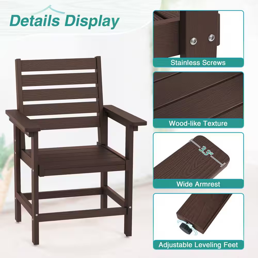 Coffee Color 2-Piece HDPS 18 in Outdoor Serving Bar Outdoor Patio Dining Chairs