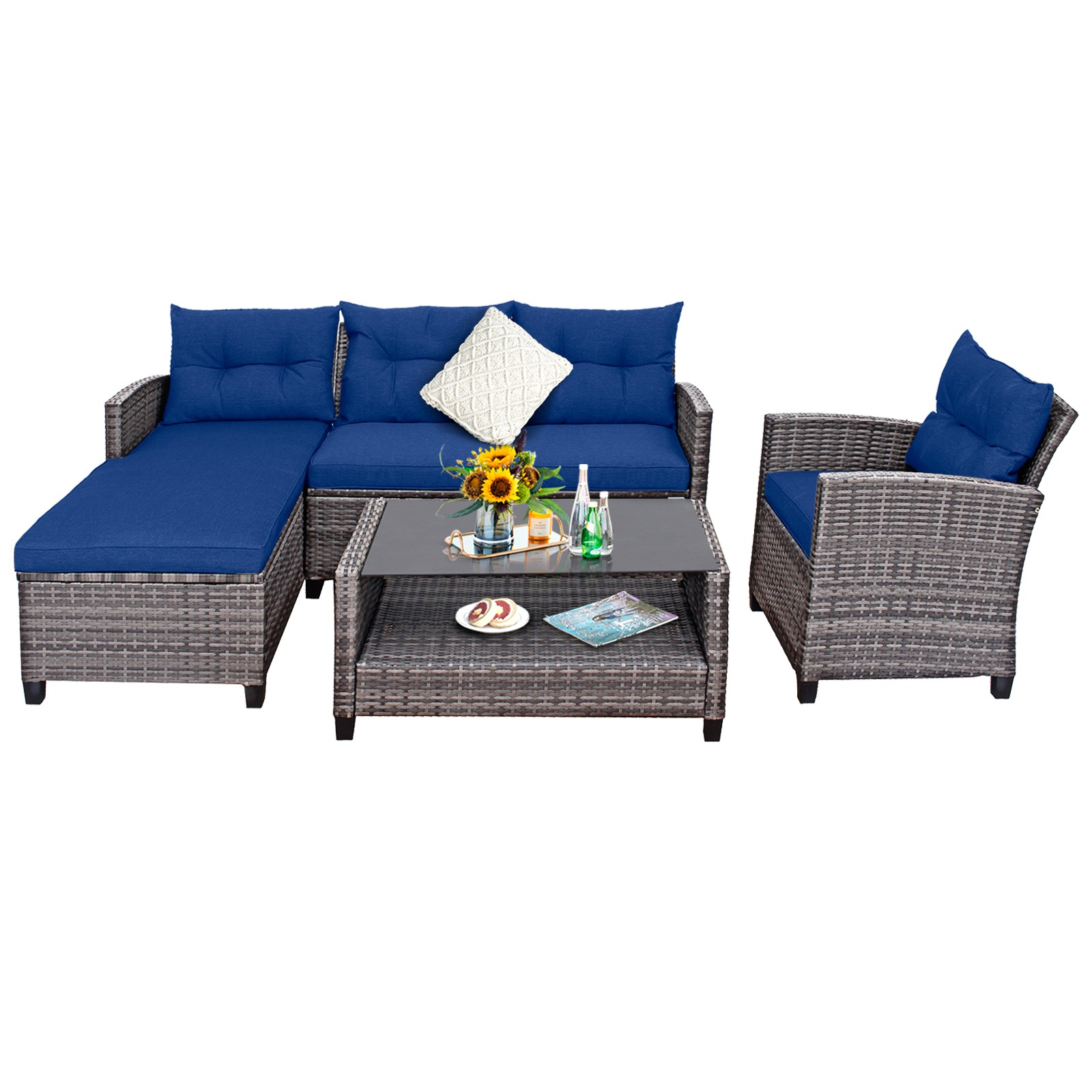4PCS Patio Rattan Furniture Set with Sofa Ottoman Cushion for Garden Deck