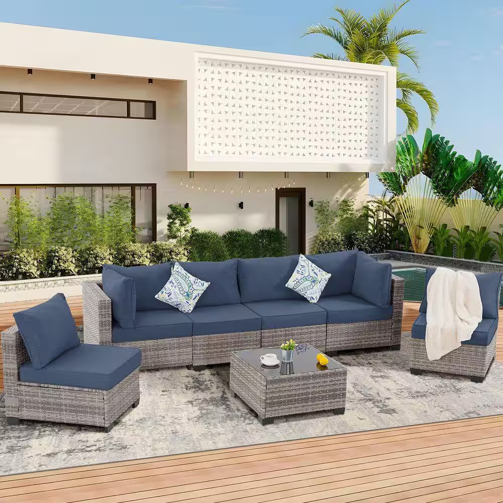 Gray 7-Piece Wicker Outdoor Sectional Set with Cushionguard Navy Blue Cushions,