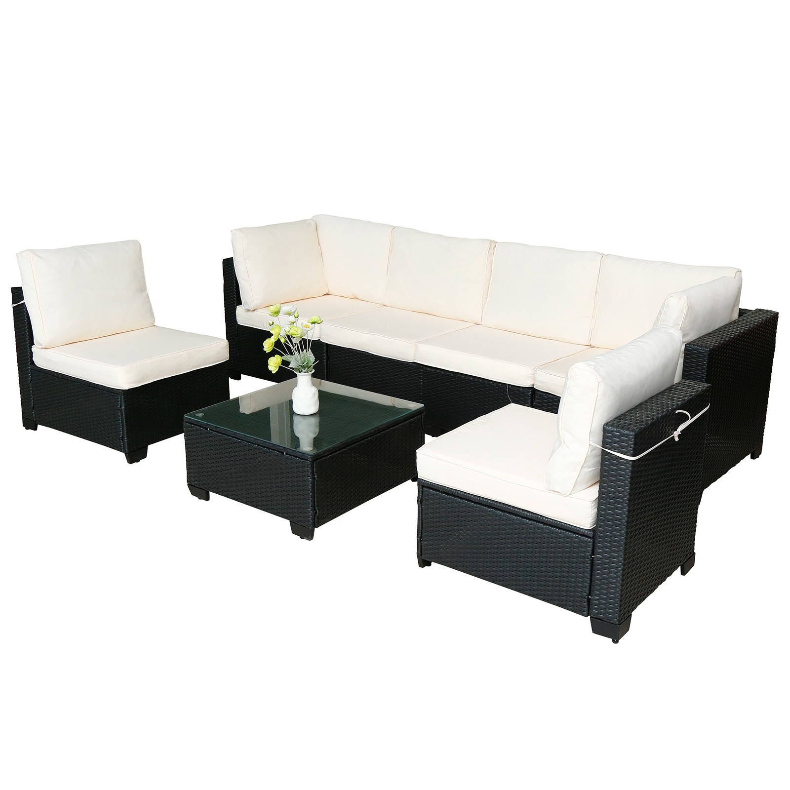 Sofa Set Table With Sofa Chair Black PE Rattan Indoor Or Outdoor 7 Piece Set