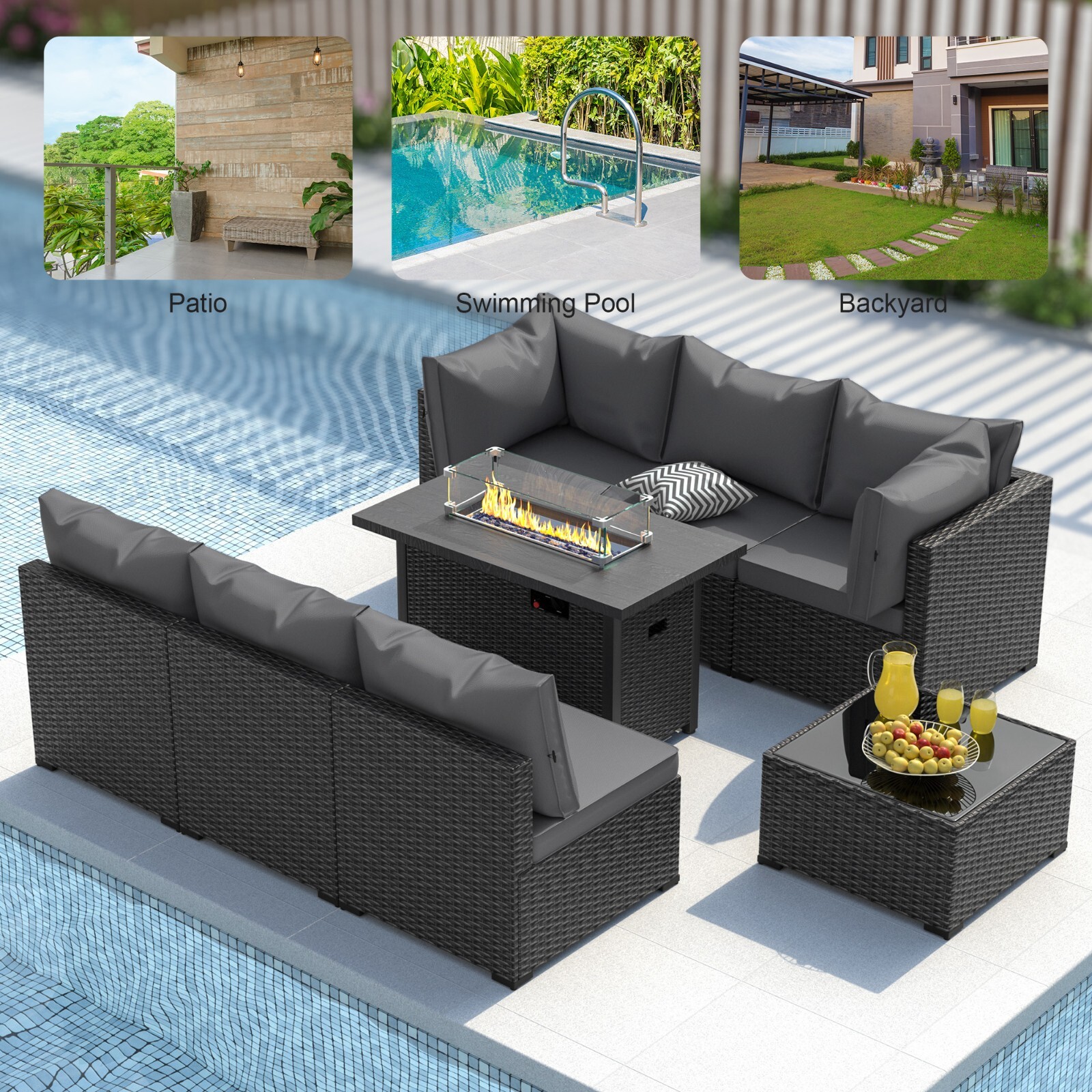 Gray Outdoor 8 Pieces Patio Furniture Set with Propane Fire Pit Table And Sofa