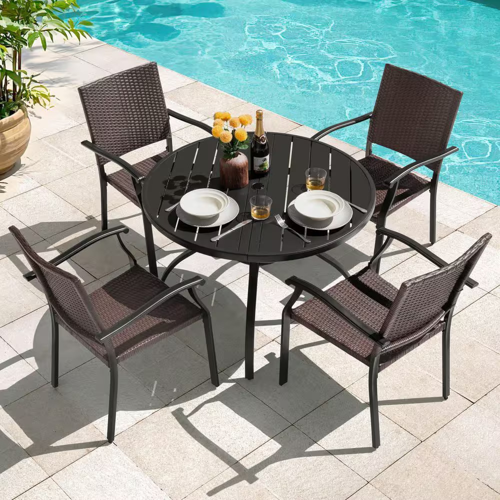 Black 5-Piece Wicker and Metal round Outdoor Dining Set with Umbrella Hole