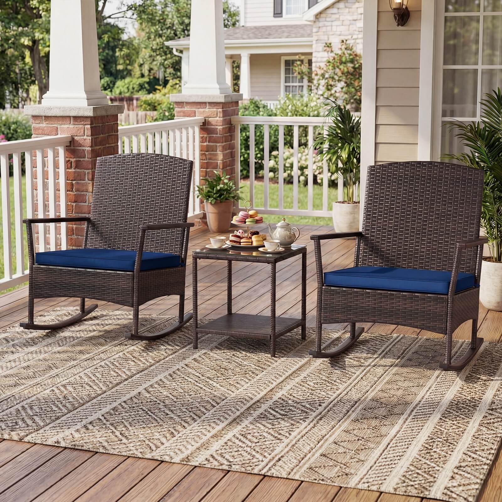 3 Piece Patio Rocking Bistro Set, 2 Rattan Armchairs w/ 2-Tier Side Table