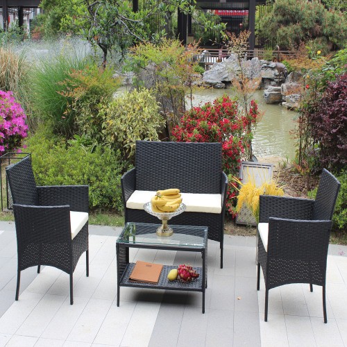 4 PC Rattan Patio Furniture Set Outdoor Patio Cushioned Seat Wicker Sofa