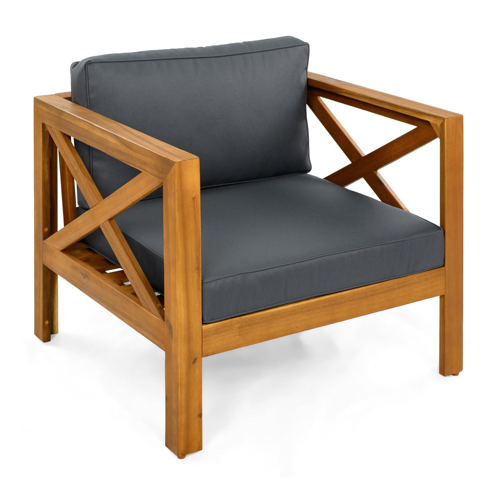 Set of 4 Weatherproof Acacia Club Chairs w/ Gray Outdoor Cushions