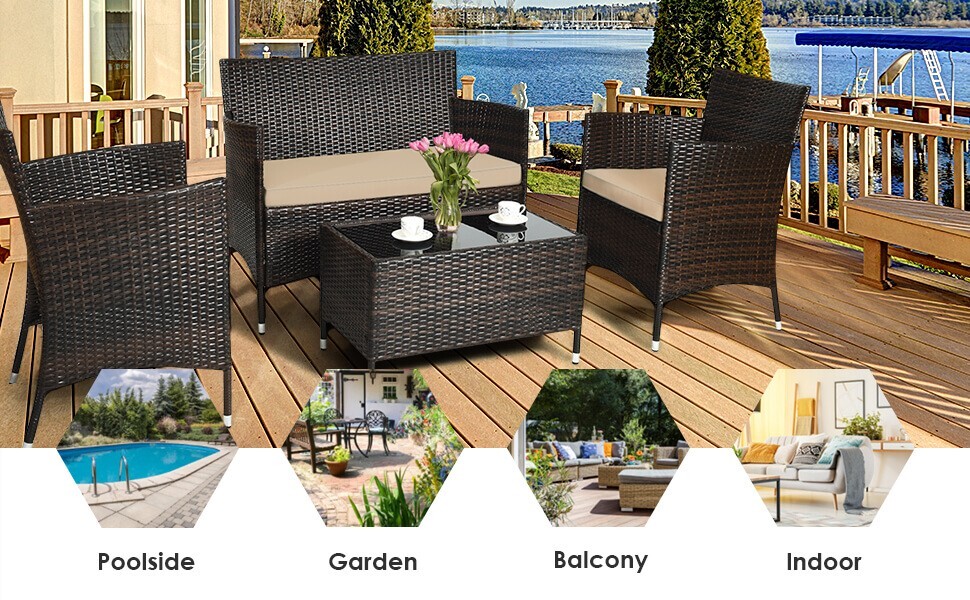 Patio Wicker Furniture Outdoor 4Pcs Rattan Sofa Garden Conversation Set Black