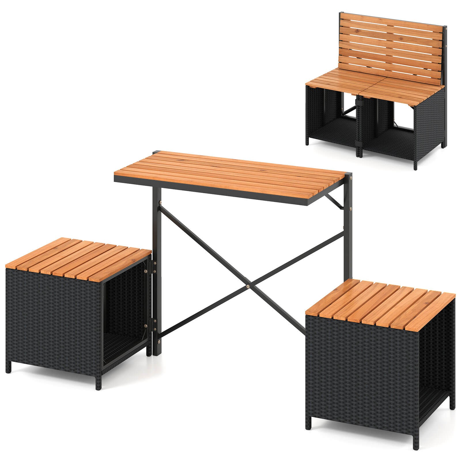 2-in-1 Outdoor Convertible Bench w/Metal Frame PE Rattan Table and Chairs Set