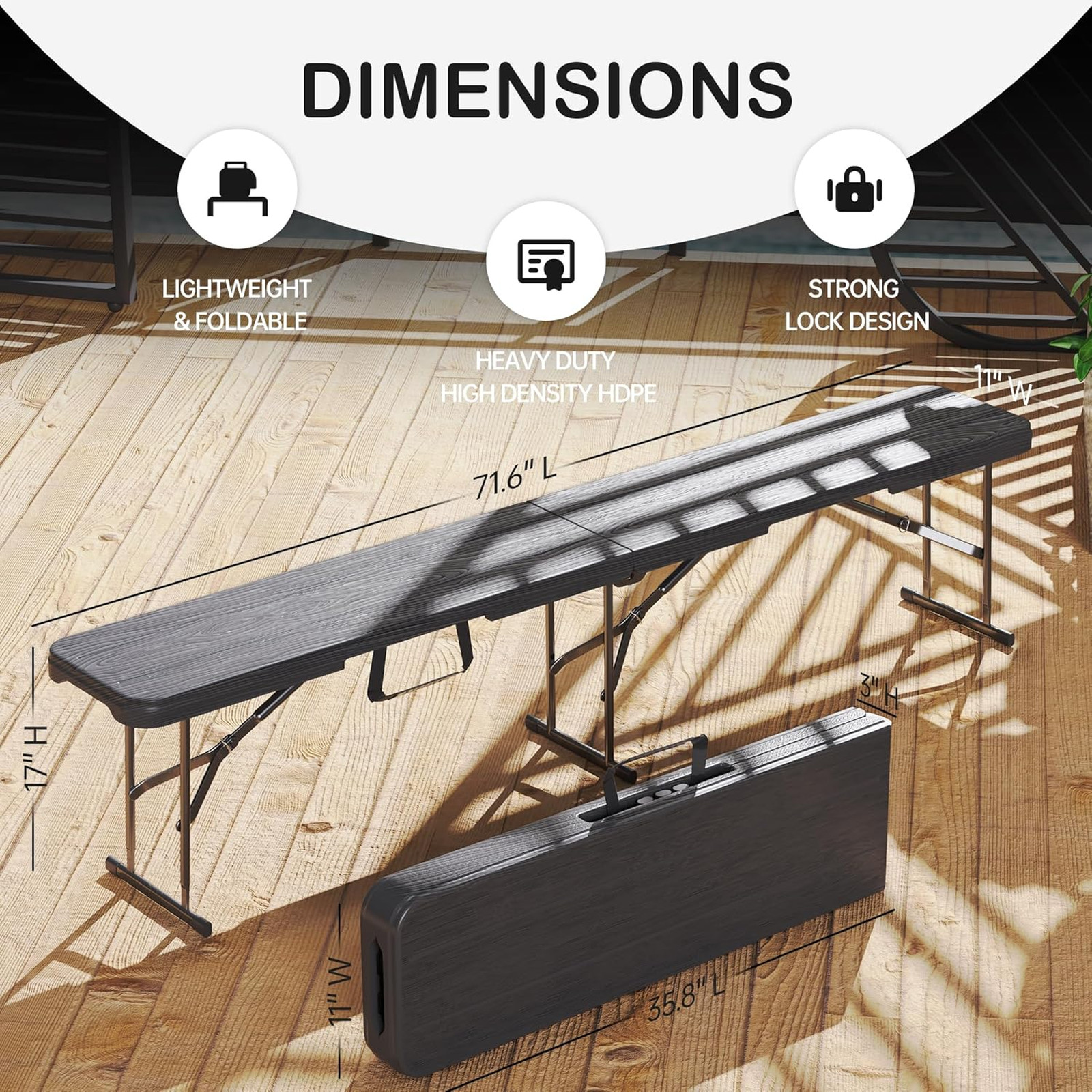 Folding Bench 6 Foot Portable Plastic Seat for Camping Picnic Outdoor Indoor