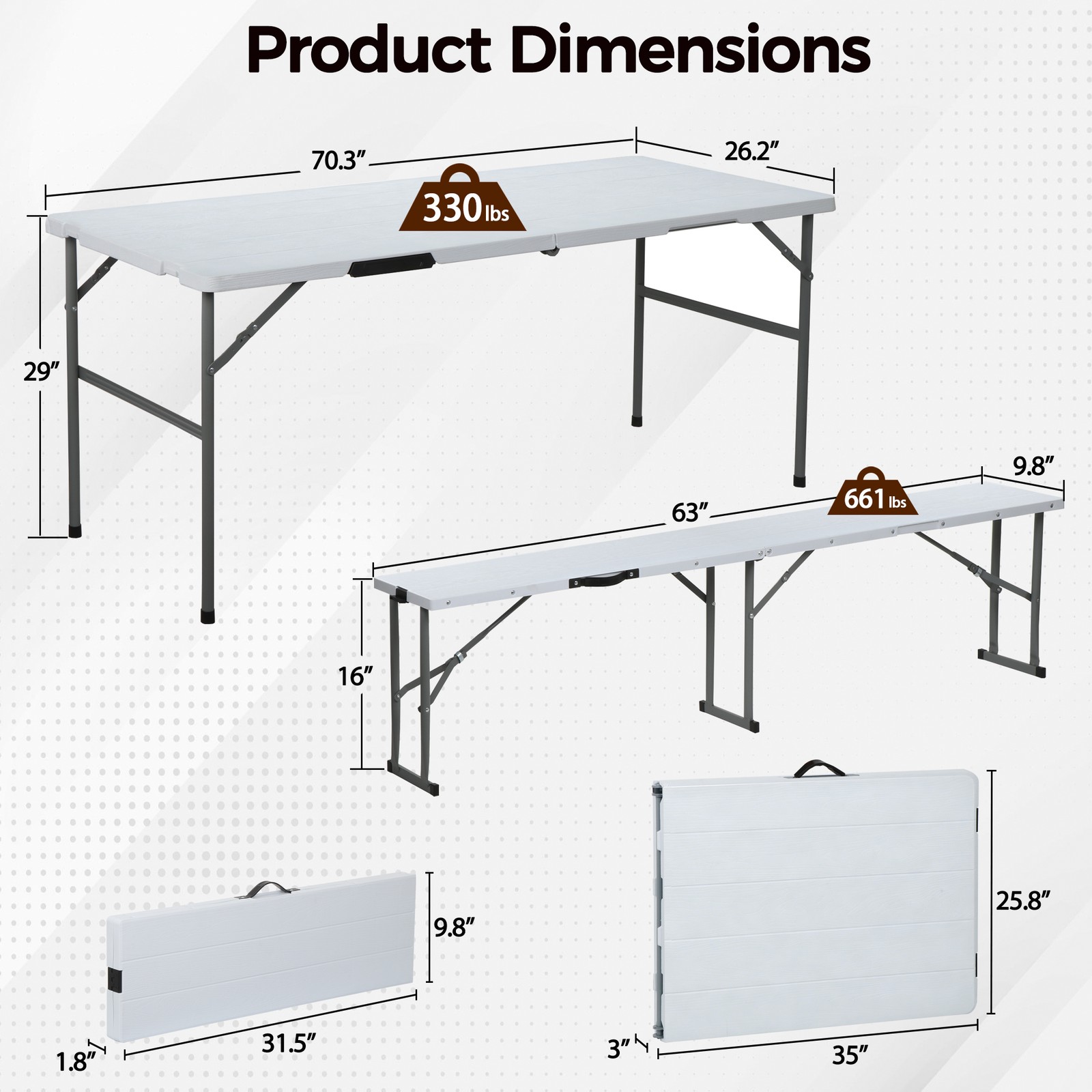 5.8FT Portable Folding Picnic Table Set with 2 Foldable Benches for Camping BBQ