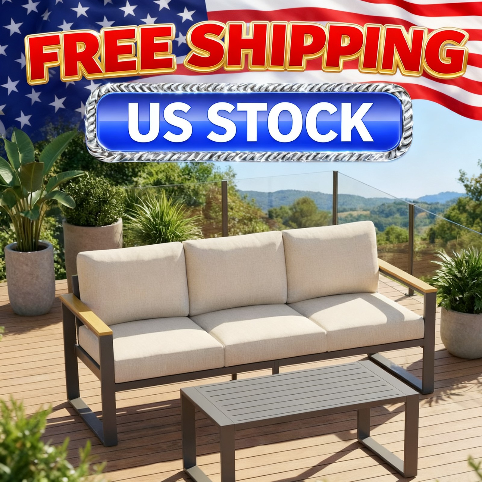 3-Seat Aluminum Sofa and Coffee Table, Aluminum Patio Patio Conversation Pcs 1