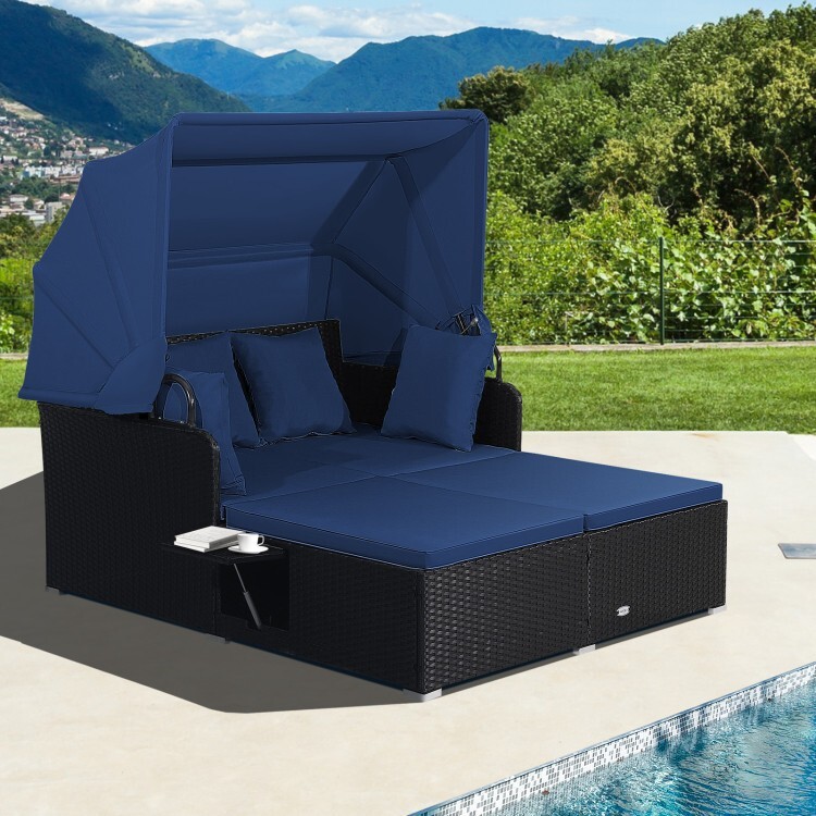 Outdoor Patio Rattan Daybed Lounge Retractable Canopy Side Table W/ Navy Cushion