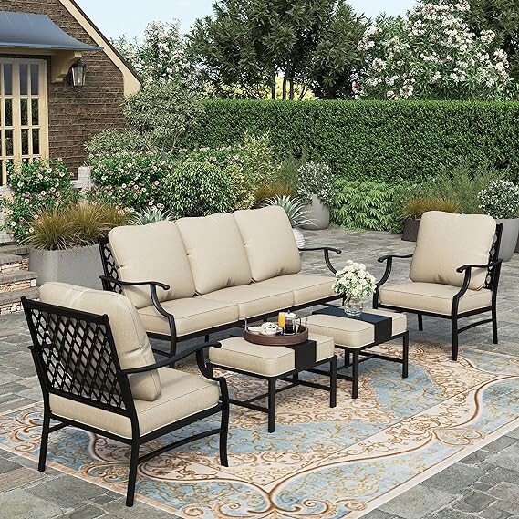 5 Piece Furniture Set, 2x Cushioned Metal Chair, 2x Ottoman, 1×3-Seat Sofa