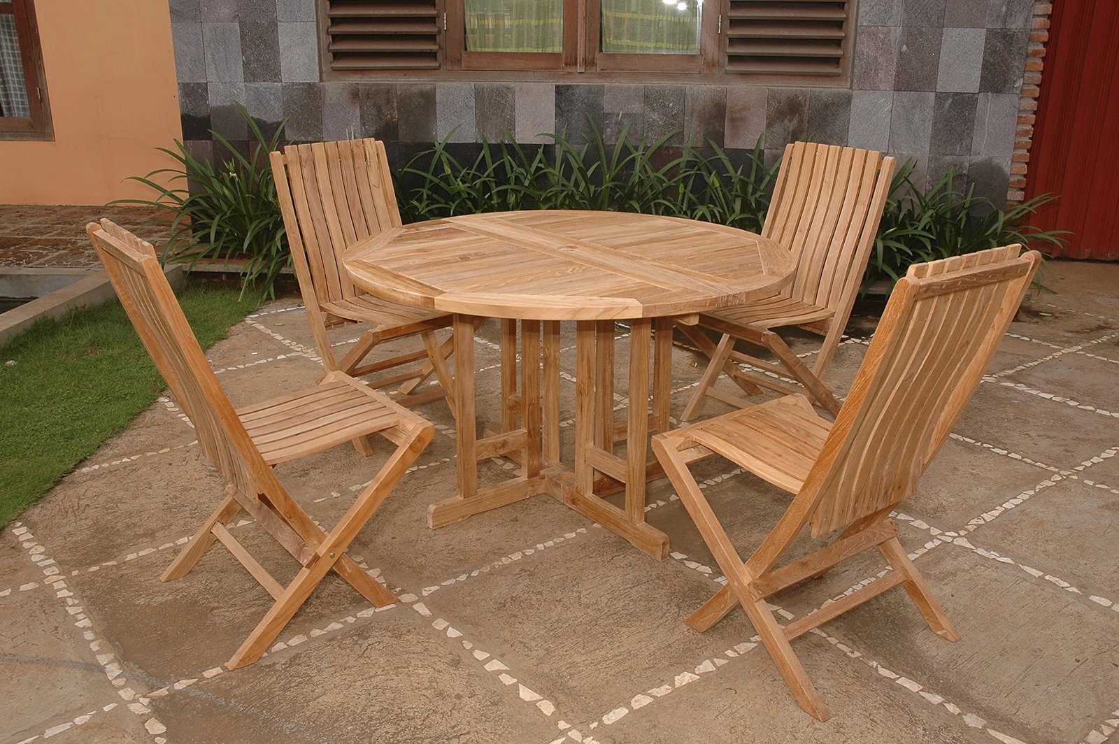 Windsor’s Premium Grade A Teak, 47″ Round DropLeaf Teak Table W/4 Folding Chairs